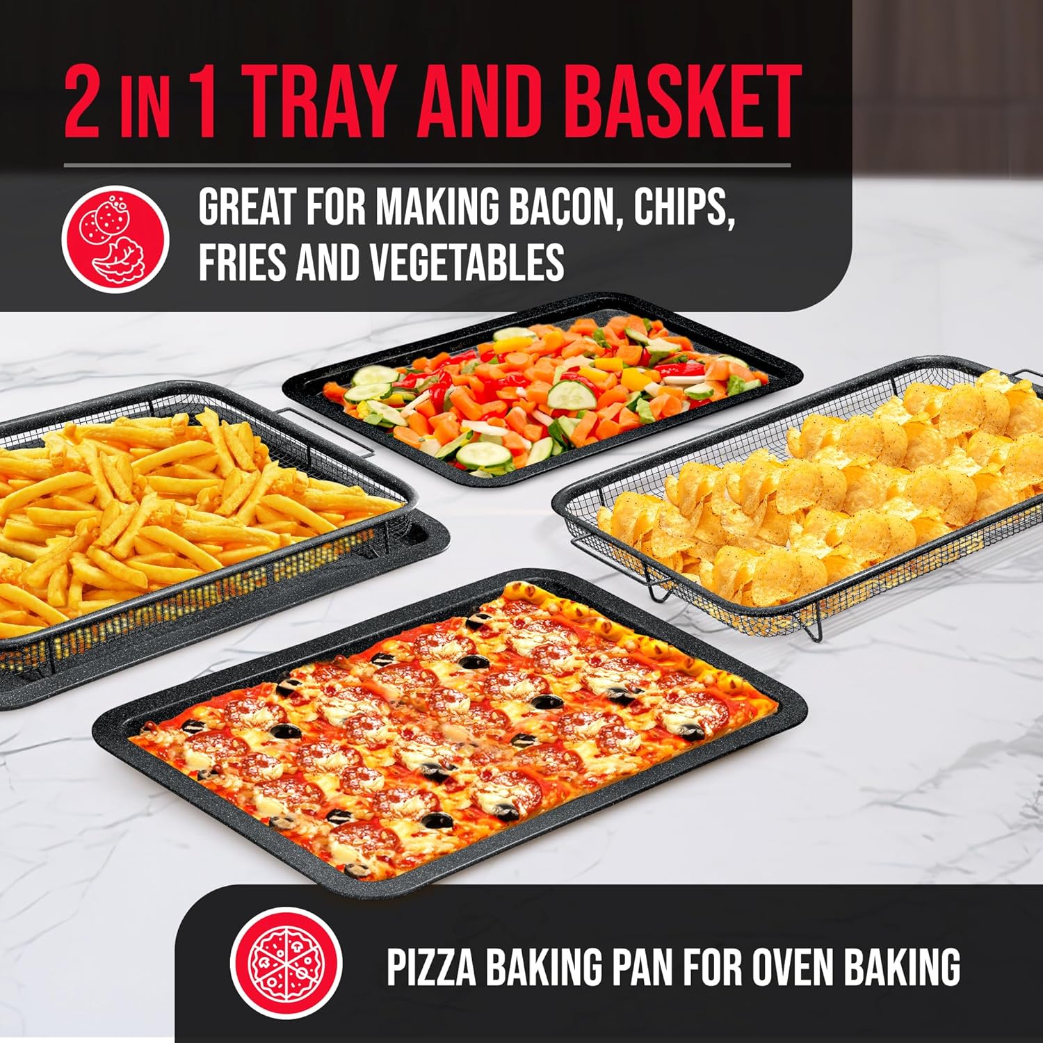 Crisper Tray Gray marble Coating - 2-Piece Set, Non-Stick Basket Design for Healthier Cooking in Regular Ovens - Make Great Crispy Food, Bacon and More, Extra Large Size 19" x 13" - Culinary Roots