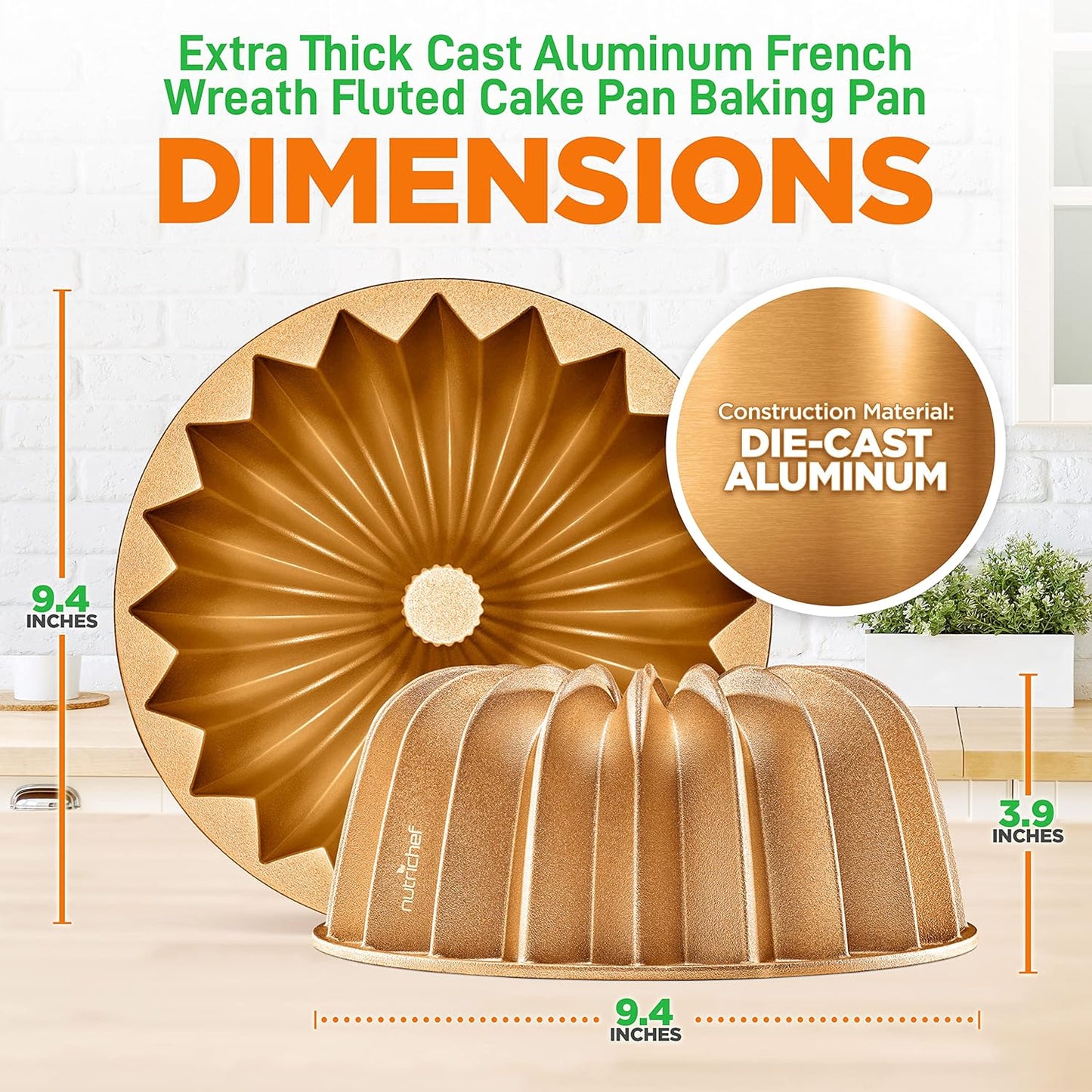 NutriChef 9-Inch Cake Pan - Thick and Heavy Cast Aluminum Bakeware Cake Mold with 2 Layers of Nonstick Coating - Fluted Lines Design for Uniform Baking Up To 500 Degrees - Easy to Clean, Gold - Culinary Roots