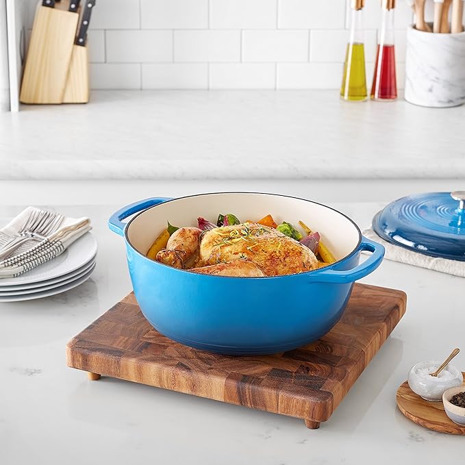 Amazon Basics Enameled Cast Iron Dutch Oven Pot with Lid, Oven Safe, Heavy-Duty, Dual Handles for Roasting and Stews, 7.3-Quart, Blue