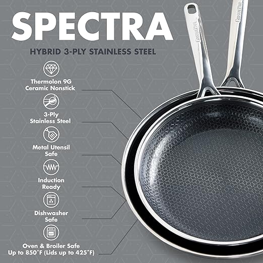 GreenPan Spectra 10" & 12" Frying Pan Skillet, Hybrid Tri-Ply Stainless Steel, PFAS-Free Ceramic Nonstick Textured Cooking Surface, Induction Cookware, Diswasher Safe, Oven & Broiler Temp to 850˚F