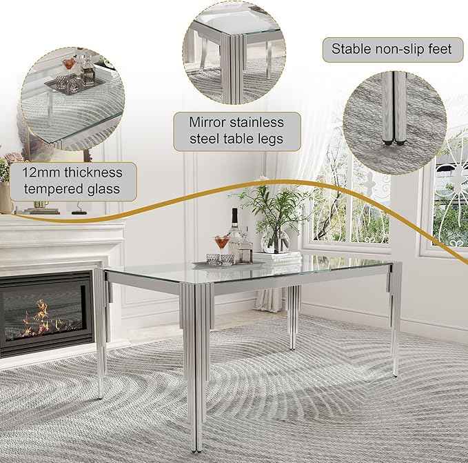 51'' Modern Glass Dining Table for 4 People,Tempered Glass Top Dining Room Table with Stainless Steel Base, Glass and Silver Dining Table for 4, Rectangle Dining Kitchen Table for Dinner