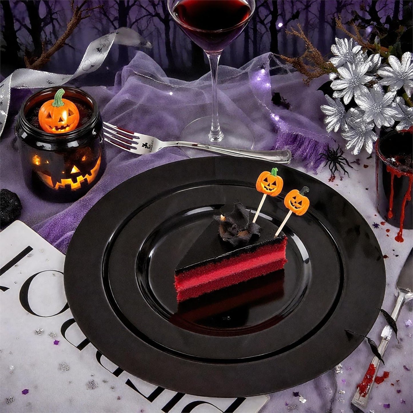 FLOWERCAT 60PCS Black Plastic Plates - Heavy Duty Black Disposable Plates for 30 guests Halloween Party/Wedding/New Year - Include 30PCS 10.25inch Dinner Plates and 30PCS 7.5inch Dessert Plates - Culinary Roots