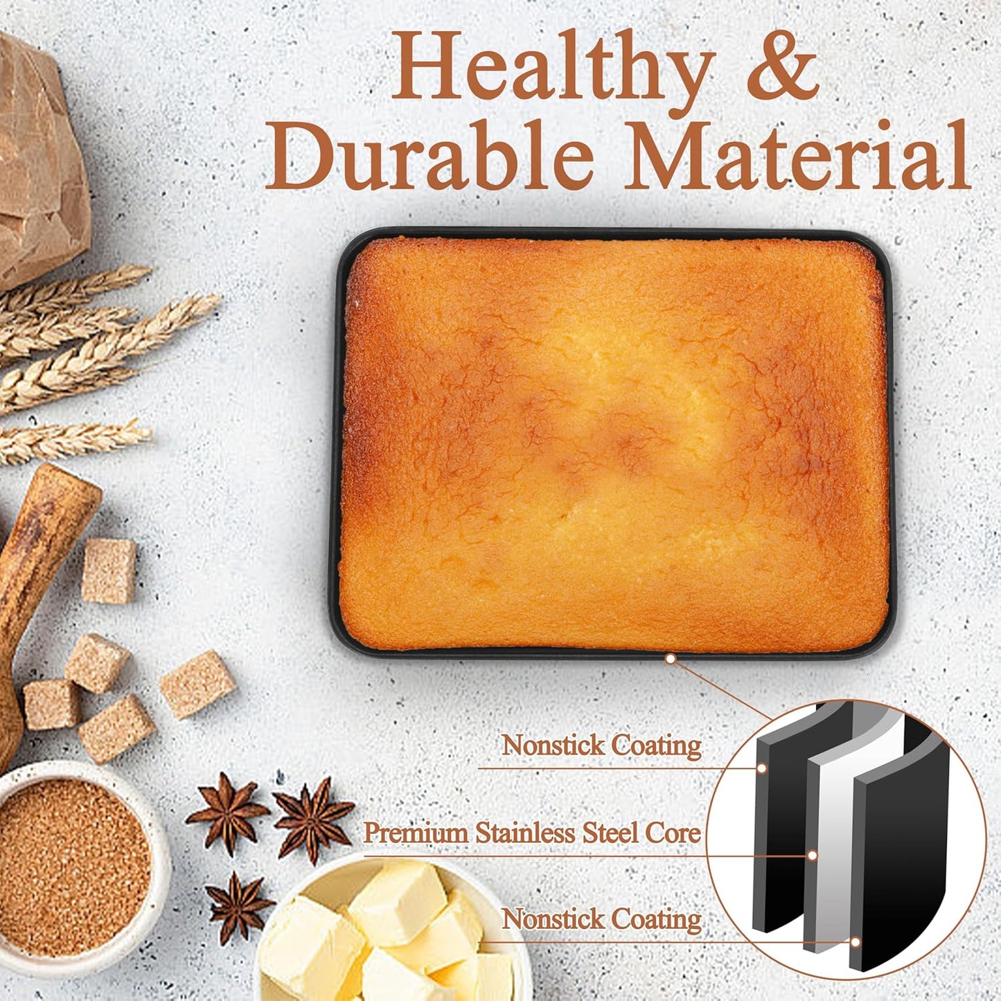 LIANYU 12⅓ x 9¾ x 2 Inch Cake Pan Set of 2, Rectangle Non-stick Baking Pan, Stainless Steel Bakeware for Lasagna Brownies Casseroles, Healthy & Easy Release - Culinary Roots