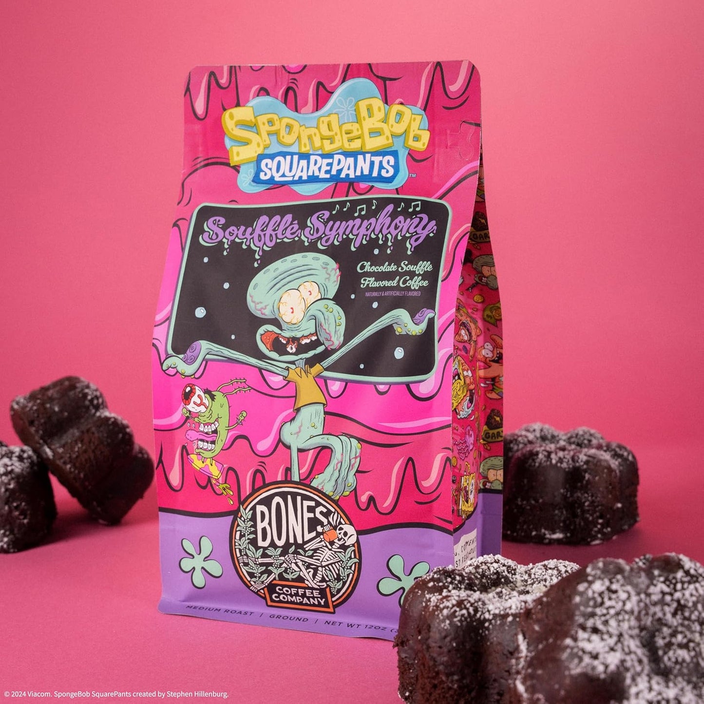 Bones Coffee Company Spongebob Soufflé Symphony, Chocolate Soufflé Flavored Whole Coffee Beans, Low Acid Medium Roast Arabica Beans Flavored Coffee, 12 oz Whole Bean