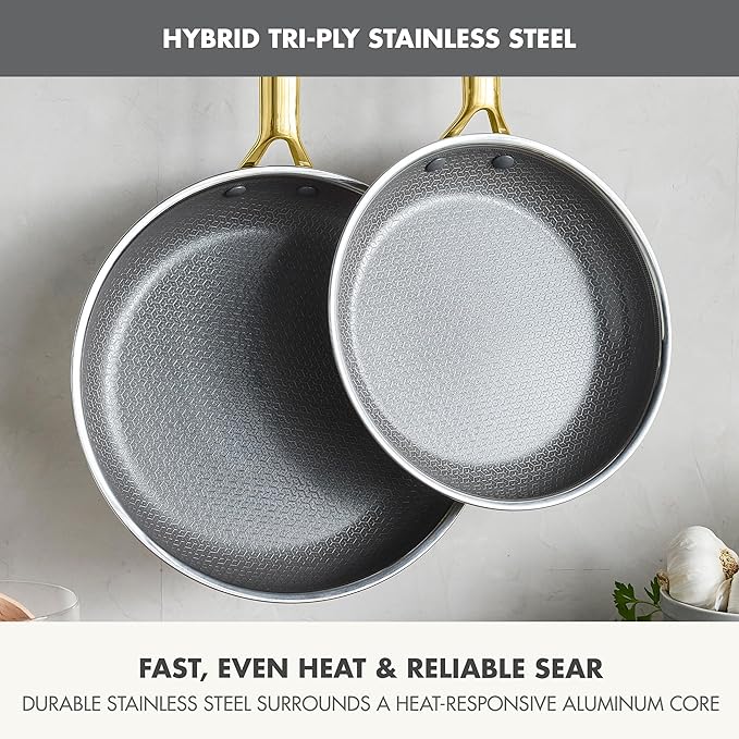 GreenPan Hybrid 9.5” & 11” Nonstick Stainless Steel Frying Pan Set, APEX Tri-Ply Thermobond PFAS-Free Ceramic Skillets, Induction & All Cooktop Compatible, Oven Temp to 850°F, Dishwasher Safe, Gold
