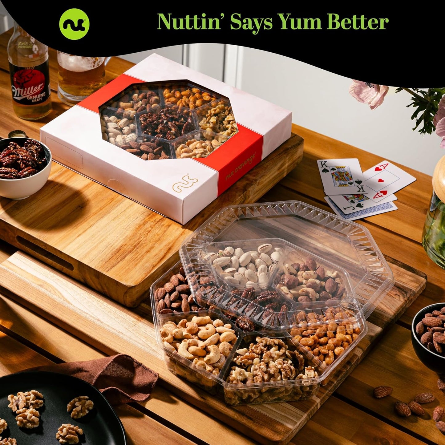 NUT CRAVINGS - Mixed Nuts Gift Basket in Red Gold Box (7 Assortments, 2 LB) Food Arrangement, Healthy Snack Care Package, Food Assortments