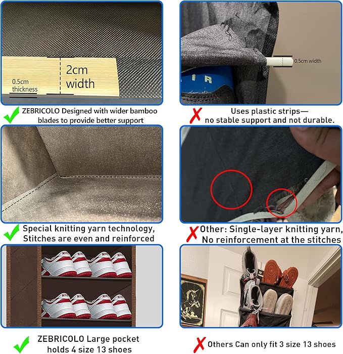 Over The Door Shoe Organizer, 70 Pounds Large Capacity, 20-30-Pair shoe organizer, Heavy Duty-Extra Deep Pockets ,Anti-Scratch Hooks & FSC-Certified Bamboo ,Engineered for Men’s Size 13 shoe,coffee