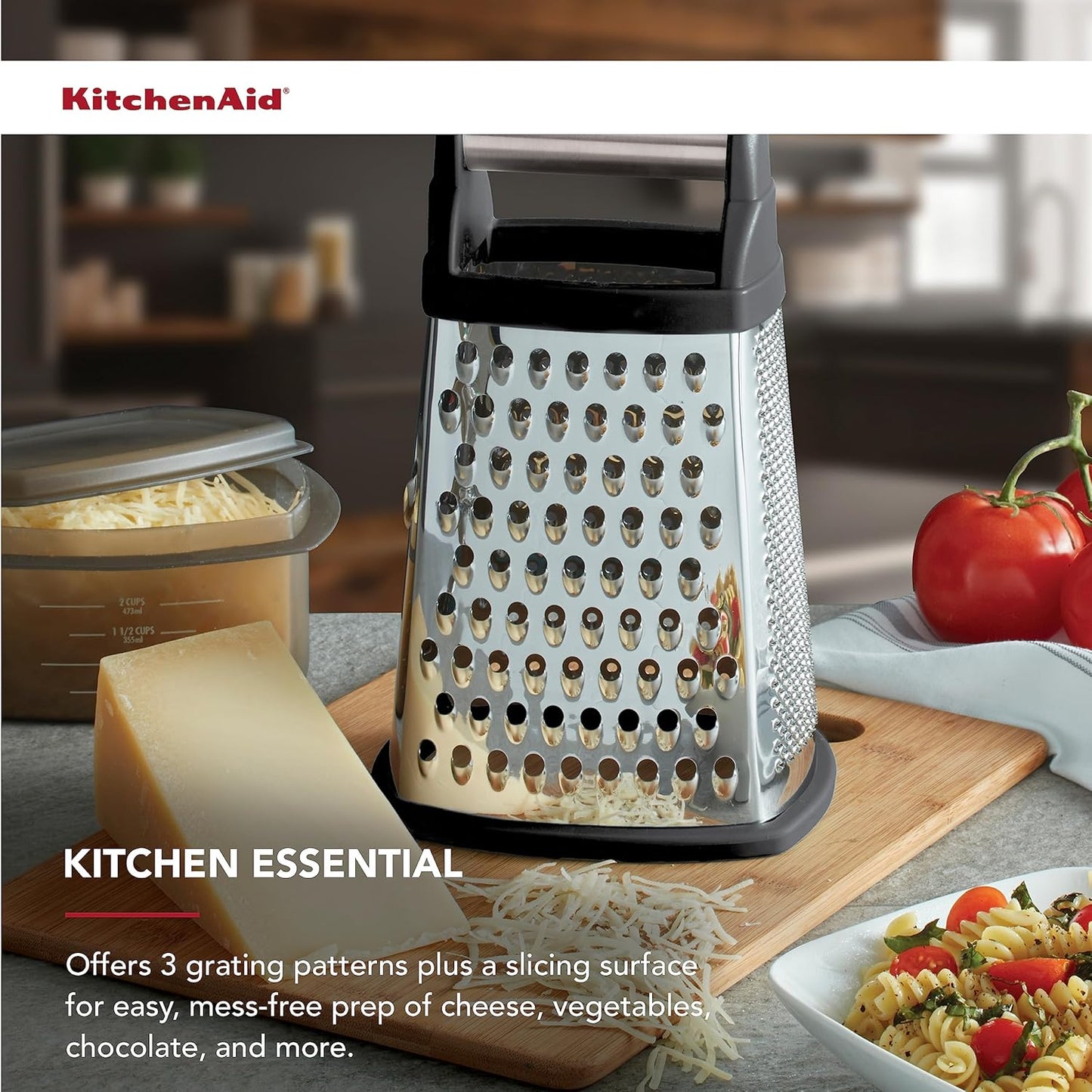 KitchenAid Gourmet 4-Sided Stainless Steel Box Grater for Fine, Medium and Coarse Grate, and Slicing, Detachable 3 Cup Storage Container and Measurment Markings, Dishwasher Safe, 10 inches tall, Black - Culinary Roots