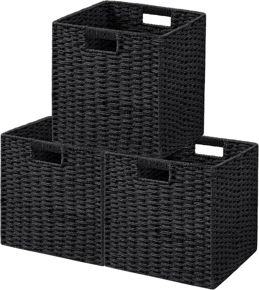 UBBCARE 3 Pack Wicker Basket, 11L×11H×10.5W inch Woven Paper Rope Storage Baskets for shelves, Foldable Cube Storage bin with Handle, Storage Basket for Organizing & Decor, Black