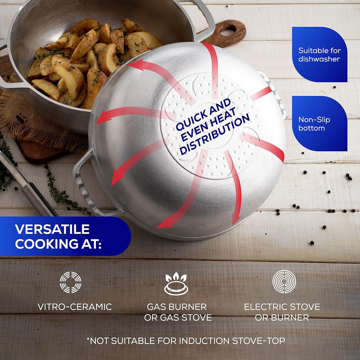 Universal (Extra Small) Caldero 6 Cups - 1.8 QT / 1.7 L, Stainless Aluminum Pot, Even Heat Distribution and Fast Cooking Dutch Oven Pot, Ergonomic Handles, Ideal for Rice, French Fries, and More - Culinary Roots