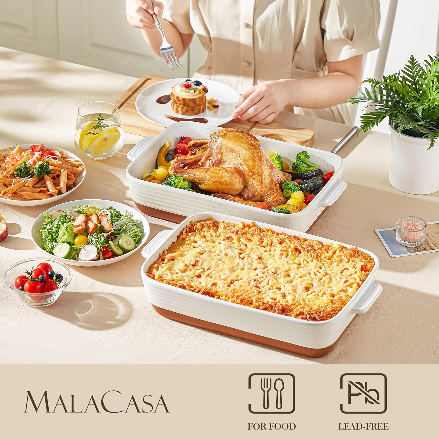 MALACASA Baking Dish 4.8 Qt Ceramic Casserole & Lasagna Pan, 9x13 Inch Deep Rectangular Oven Safe Dish with Handles for Baking, Roasting, Serving (Khaki & White) - Series Tara - Culinary Roots