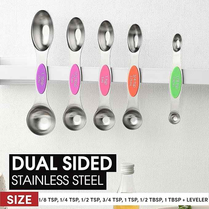 Spring Chef Stainless Steel Magnetic Measuring Spoons Set of 8 with Leveler, Nesting Metal Teaspoon & Tablespoon Measuring Spoons, Kitchen Gadgets for Baking & Cooking, Fits in Most Spice Jars - Neon