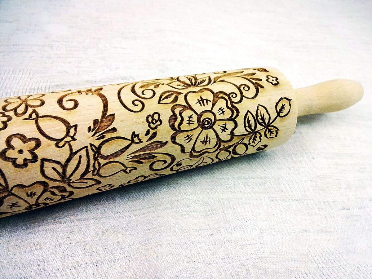 ROSEHIP FLOWERS EMBOSSING ROLLING PIN LASER ENGRAVED with ROSESHIP FLOWERS GIFT for MOTHER FRIEND