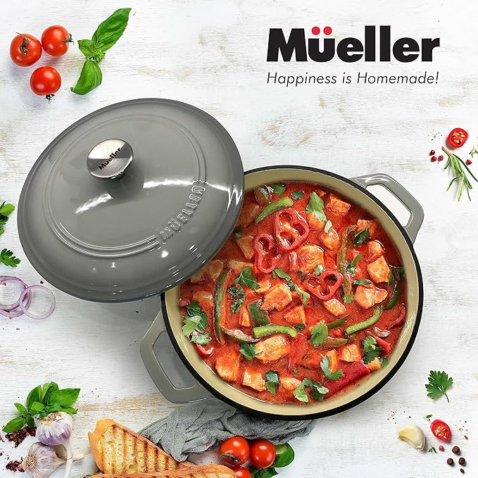 Mueller 6 Quart Enameled Cast Iron Pot Dutch Oven, Heavy-Duty Oven-Safe up to 500° F, & Across All Cooktops, Casserole Dishes for Ovens, Bread Pan with Lid and Knob, Cast Iron Cookware, Grey