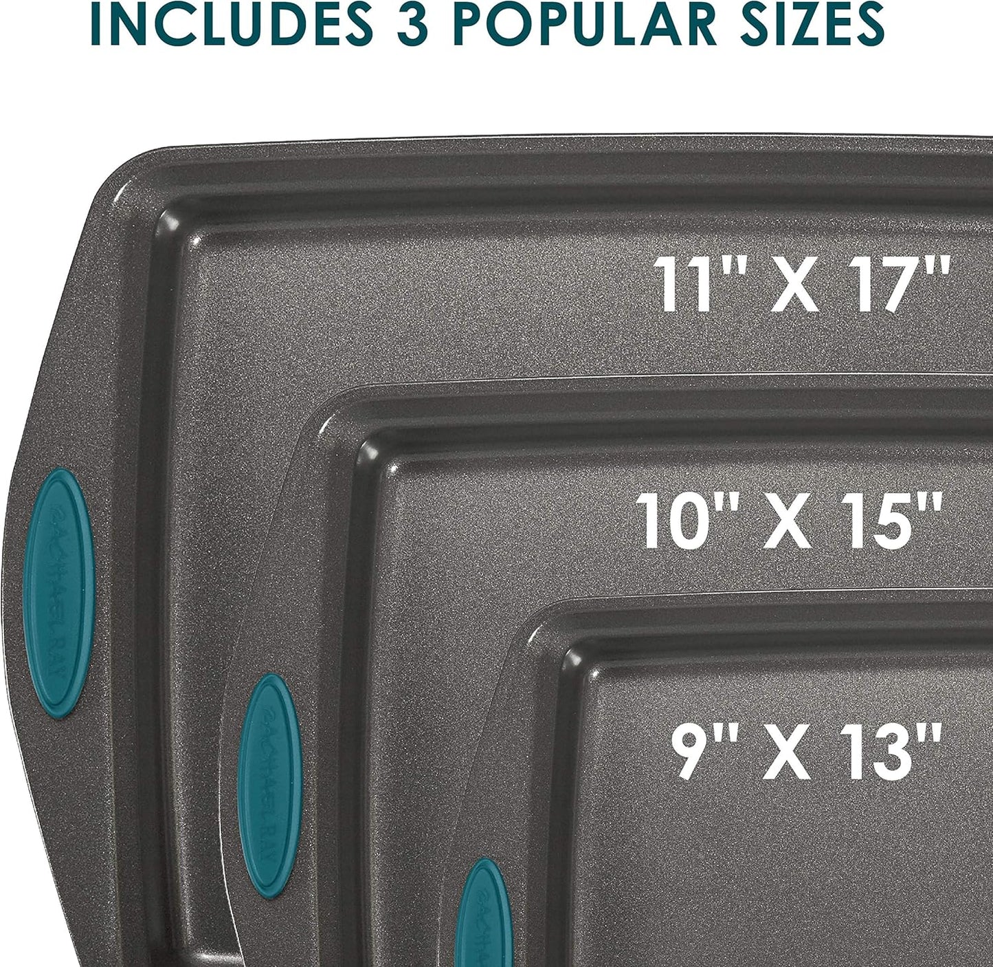 Rachael Ray Bakeware Nonstick Cookie Pan Set, 3-Piece, Gray with Marine Blue Grips - Culinary Roots