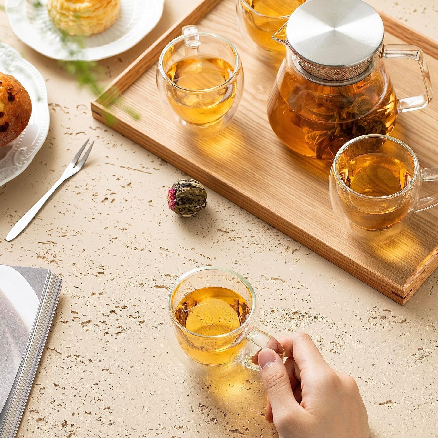 CNGLASS One-Touch Glass Teapot with Stainless Steel Filter Lid,20oz(600ml) Glear Tea Kettle Stovetop Safe,Borosilicate Glass Tea Pots for Loose Leaf Tea