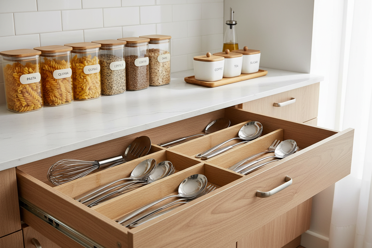 Drawer dividers, pantry containers, and storage solutions to keep your kitchen stylish and clutter-free. (make it real photo)
