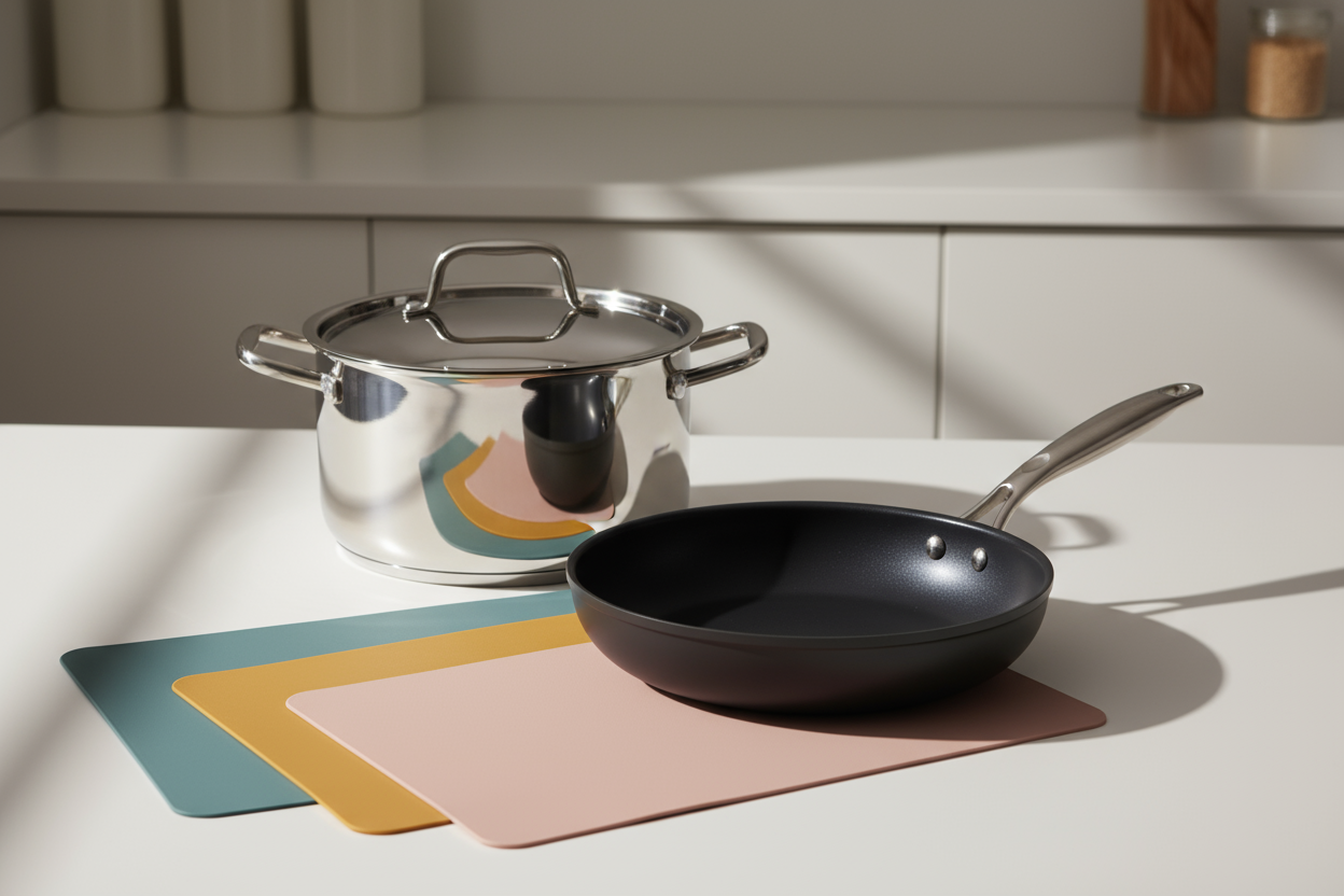 Non-stick pans, durable pots, and silicone baking mats that make cooking and baking simple and efficient. (make it real photo)